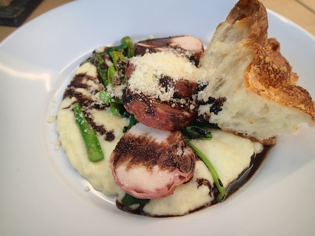 Smoked Pork loin on Grits with asparagus at work 